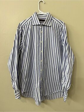 ETRO Men's Blue and White Striped Button-Up Shirt Sz 43